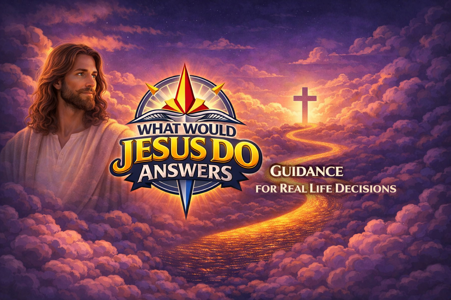 WWJD Answers cover art with logo, clouds, and a glowing path toward a cross.
